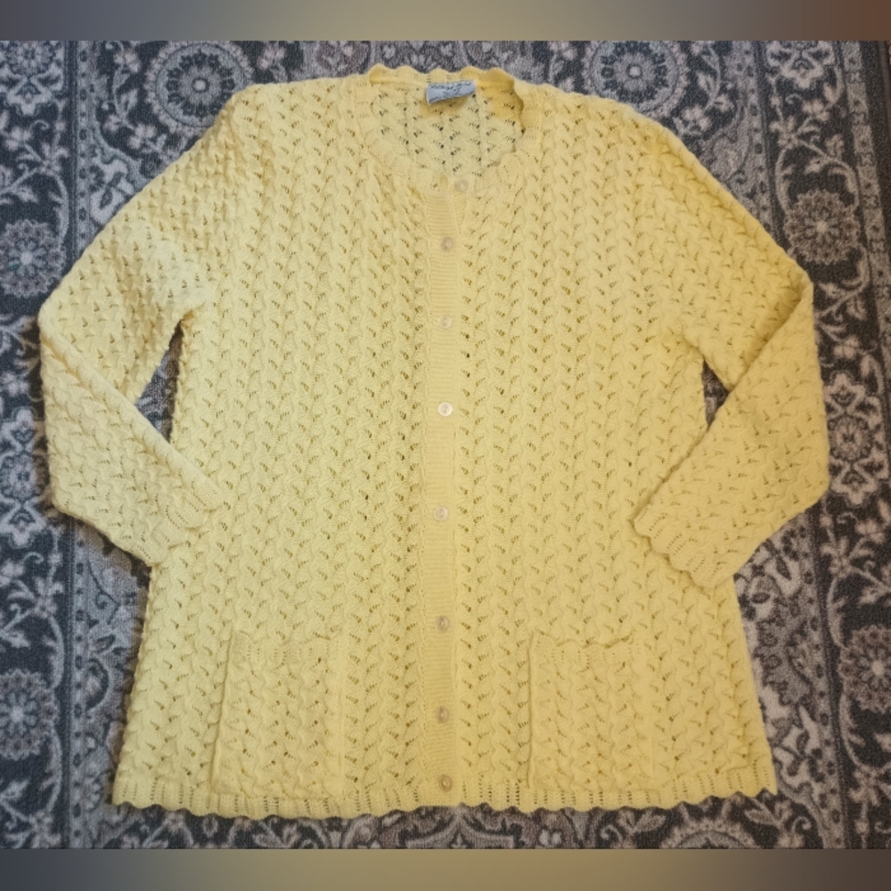 Vintage College Point Womens Crochet Cardigan Butter Yellow M Retro Soft Girl